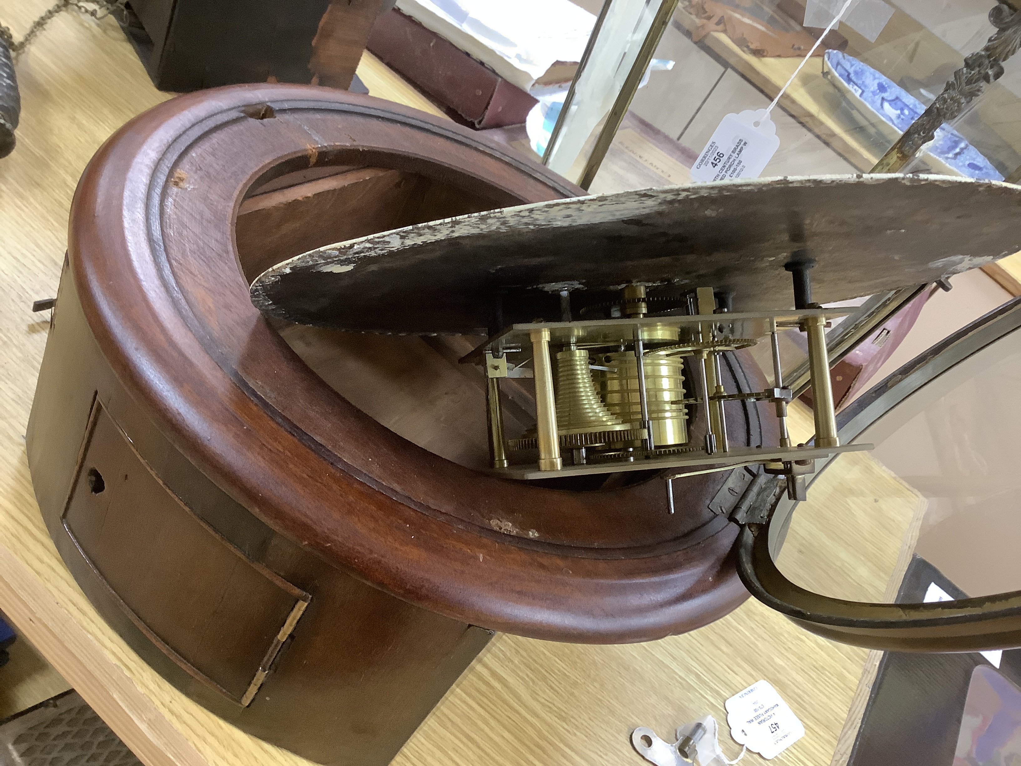 A Victorian mahogany fusee wall clock with pendulum and key, 38cm high